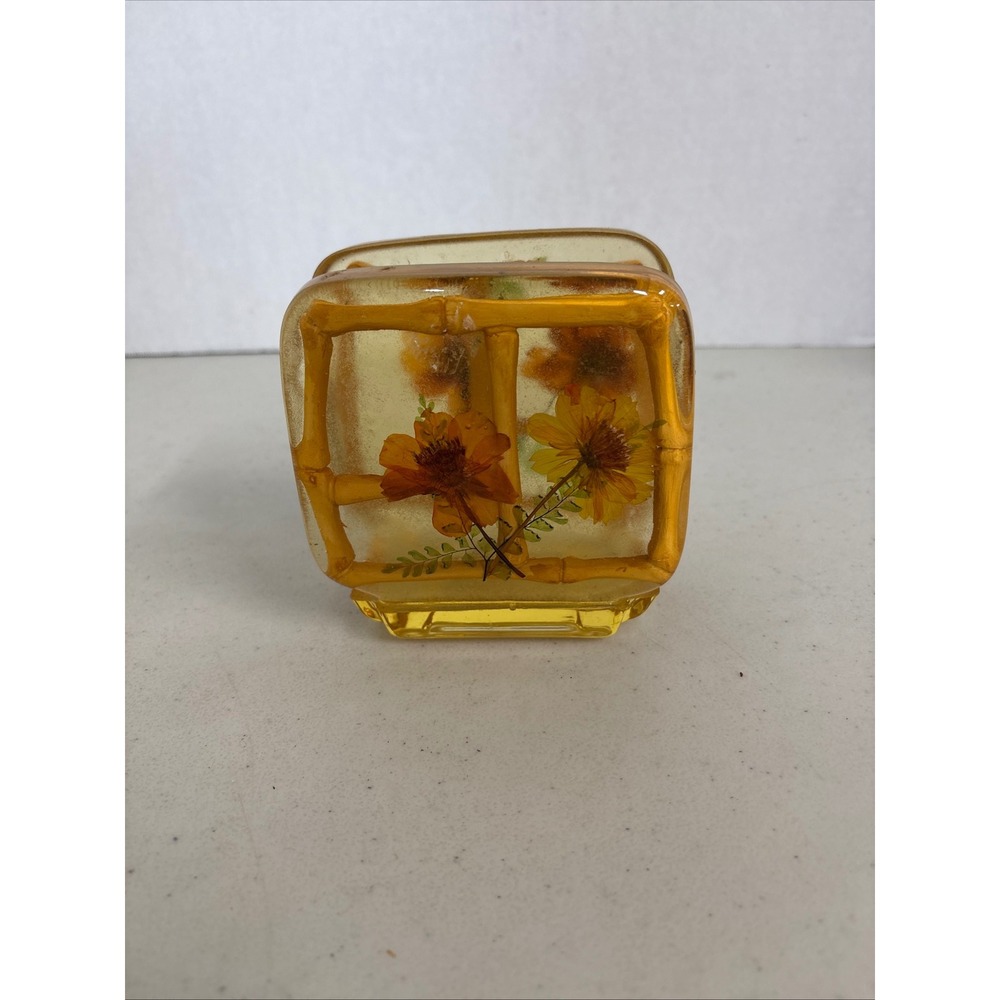 Vintage Gamut Designs Lucite Napkin Holder Amber Dried‎ Flower Bamboo 70s USA